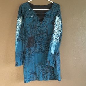 Feather accented long sleeve dress